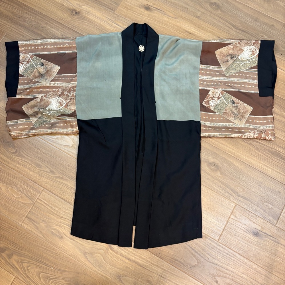 Vintage Japanese Silk Reversible Kimono Robe Ship US Flag Antique Haori WWII Era